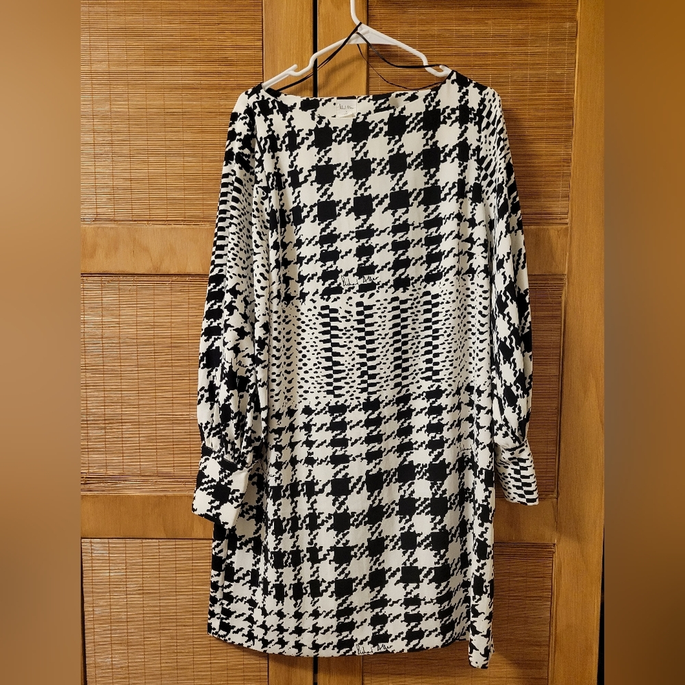 Richard Allen x H&M Black White Houndstooth Long Sleeve Shift Dress